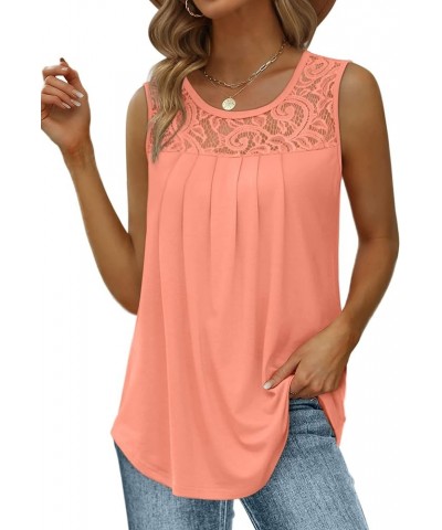 Summer Tank Tops for Women Loose Fit Pleated Tunics Scoop Neck Sleeveless Lace Tops Curved Hem Flowy 05-c Coral $13.76 Tanks