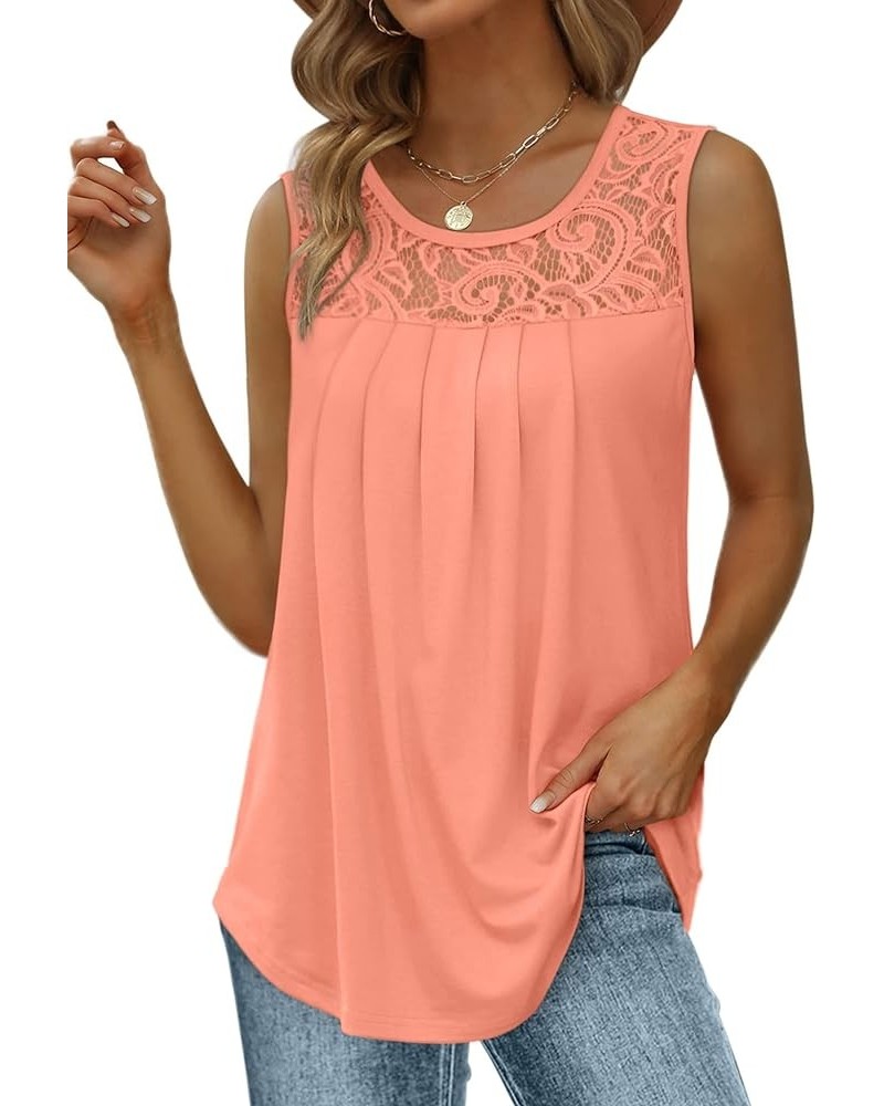 Summer Tank Tops for Women Loose Fit Pleated Tunics Scoop Neck Sleeveless Lace Tops Curved Hem Flowy 05-c Coral $13.76 Tanks