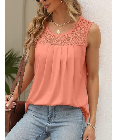 Summer Tank Tops for Women Loose Fit Pleated Tunics Scoop Neck Sleeveless Lace Tops Curved Hem Flowy 05-c Coral $13.76 Tanks