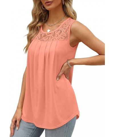 Summer Tank Tops for Women Loose Fit Pleated Tunics Scoop Neck Sleeveless Lace Tops Curved Hem Flowy 05-c Coral $13.76 Tanks