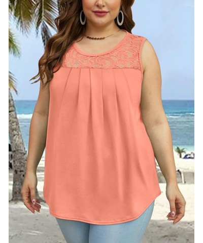 Summer Tank Tops for Women Loose Fit Pleated Tunics Scoop Neck Sleeveless Lace Tops Curved Hem Flowy 05-c Coral $13.76 Tanks