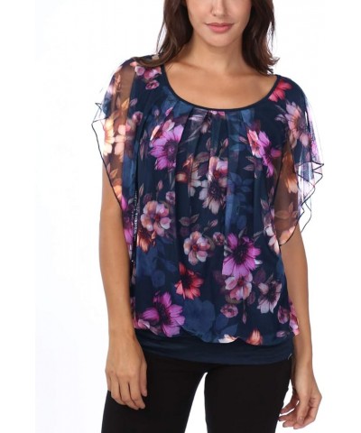 Women's Printed Flouncing Flared Short Sleeve Mesh Blouse Top Navy-floral $10.19 Blouses