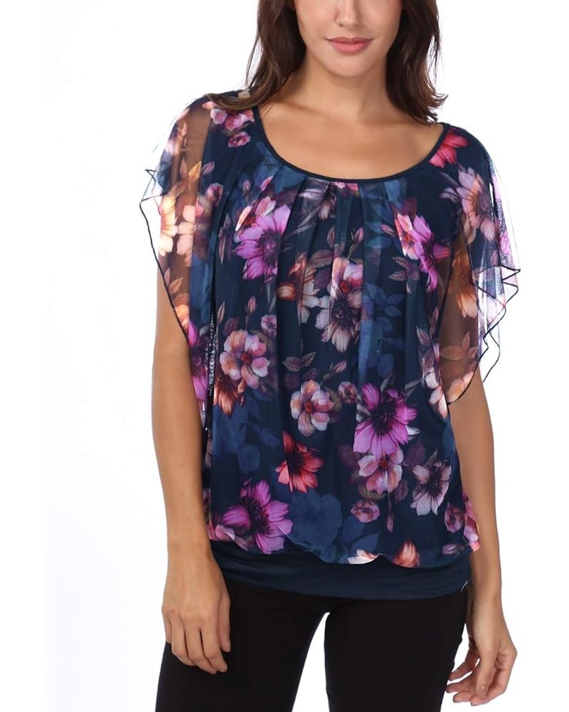 Women's Printed Flouncing Flared Short Sleeve Mesh Blouse Top Navy-floral $10.19 Blouses