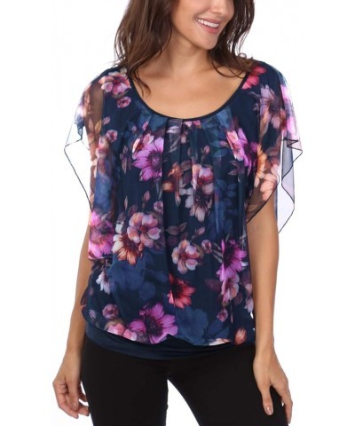 Women's Printed Flouncing Flared Short Sleeve Mesh Blouse Top Navy-floral $10.19 Blouses