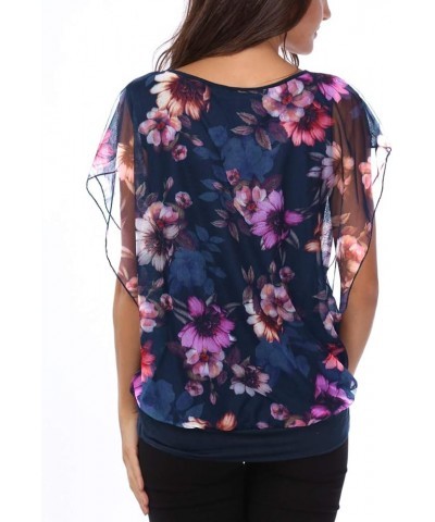 Women's Printed Flouncing Flared Short Sleeve Mesh Blouse Top Navy-floral $10.19 Blouses