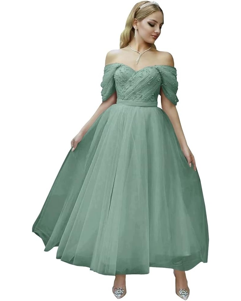 Tulle Tea Length Prom Dresses 2024 Off Shoulder Pearl Sweetheart Formal Evening Party Gowns Jade $33.60 Dresses