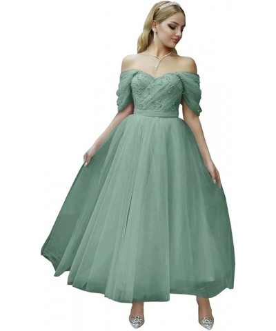 Tulle Tea Length Prom Dresses 2024 Off Shoulder Pearl Sweetheart Formal Evening Party Gowns Jade $33.60 Dresses