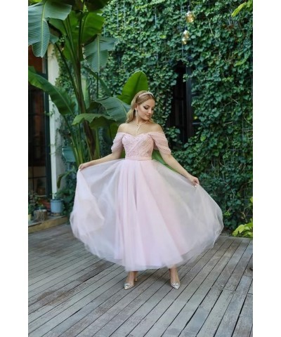 Tulle Tea Length Prom Dresses 2024 Off Shoulder Pearl Sweetheart Formal Evening Party Gowns Jade $33.60 Dresses