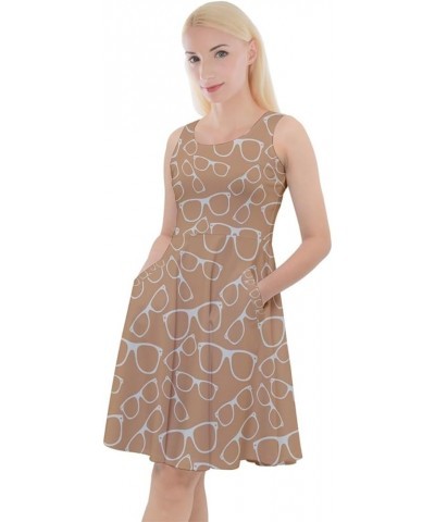 Womens Knee Length Skater Dress with Pockets Glasses Retro Sunglasses Sleeveless Skater Dress, XS-5XL Beige 2 $17.39 Others