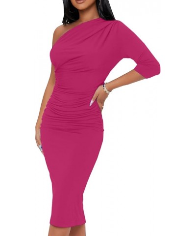 Womens Bodycon One Shoulder 3/4 Sleeve Cocktail Party Ruched Midi Dress 10929 Rosered $18.19 Dresses