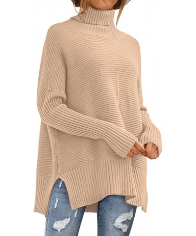 Womens 2023 Trendy Sweaters Oversized Turtleneck Long Batwing Sleeve Split Hem Pullover Knit Sweater Tops Deep Apricot $26.31...