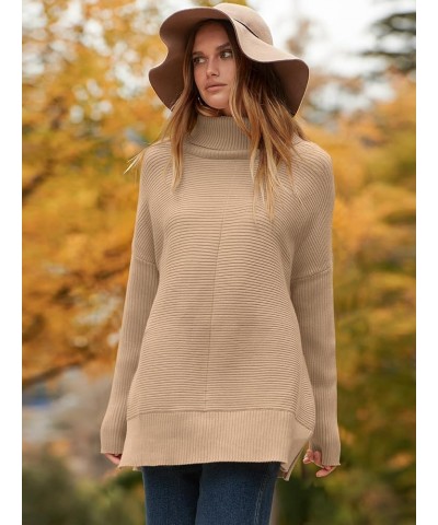 Womens 2023 Trendy Sweaters Oversized Turtleneck Long Batwing Sleeve Split Hem Pullover Knit Sweater Tops Deep Apricot $26.31...