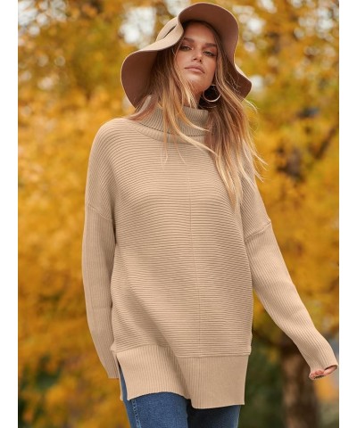 Womens 2023 Trendy Sweaters Oversized Turtleneck Long Batwing Sleeve Split Hem Pullover Knit Sweater Tops Deep Apricot $26.31...