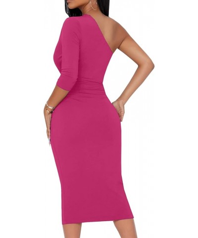 Womens Bodycon One Shoulder 3/4 Sleeve Cocktail Party Ruched Midi Dress 10929 Rosered $18.19 Dresses