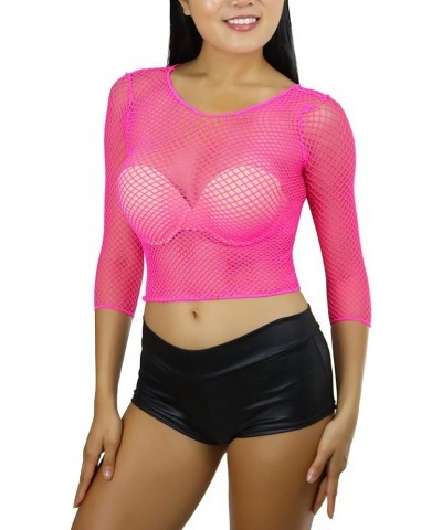 Women's Flirty Fishnet Long Sleeve Top Neon Pink $11.73 Swimsuits