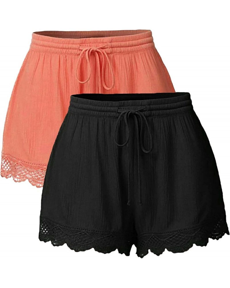 Womens 2PC Summer Shorts Casual Plus Size Lace Trim Shorts Drawstring Elastic Waist Dressy Bottoms Lightweight Shorts Black+o...