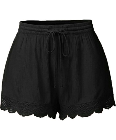 Womens 2PC Summer Shorts Casual Plus Size Lace Trim Shorts Drawstring Elastic Waist Dressy Bottoms Lightweight Shorts Black+o...