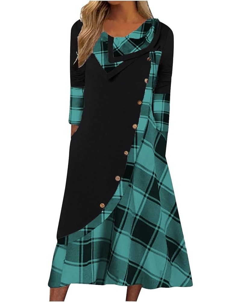 Women's Fall Clothes Fashion Plaid Stitching Button Pockets Pile Neck Long Sleeve Dress 2023 B-green $9.50 Dresses