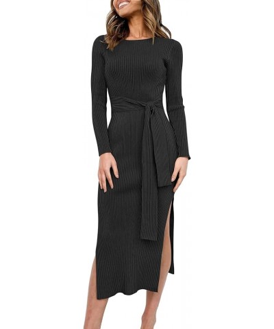 Women's Crew Neck Long Sleeve Midi Sweater Dress Elegant Side Slit Rib Knit Slim Tie Waist Bodycon Dress with Belt Black $26....