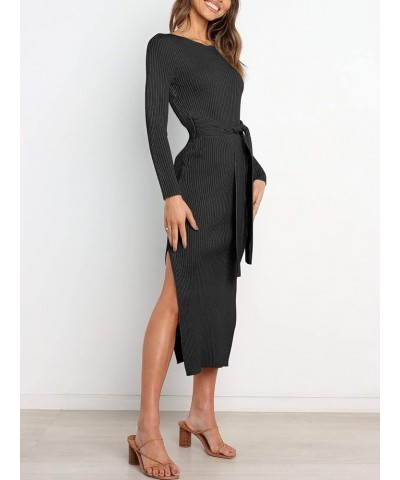 Women's Crew Neck Long Sleeve Midi Sweater Dress Elegant Side Slit Rib Knit Slim Tie Waist Bodycon Dress with Belt Black $26....