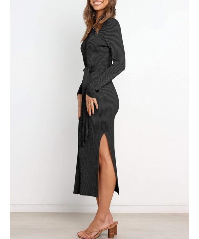 Women's Crew Neck Long Sleeve Midi Sweater Dress Elegant Side Slit Rib Knit Slim Tie Waist Bodycon Dress with Belt Black $26....