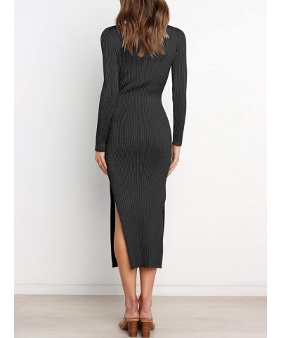 Women's Crew Neck Long Sleeve Midi Sweater Dress Elegant Side Slit Rib Knit Slim Tie Waist Bodycon Dress with Belt Black $26....