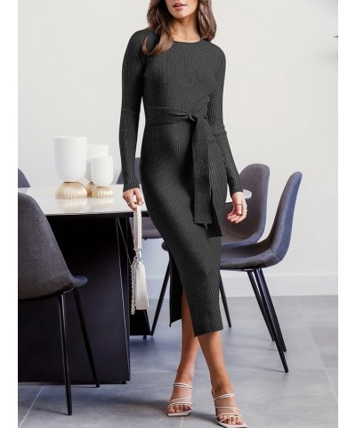 Women's Crew Neck Long Sleeve Midi Sweater Dress Elegant Side Slit Rib Knit Slim Tie Waist Bodycon Dress with Belt Black $26....