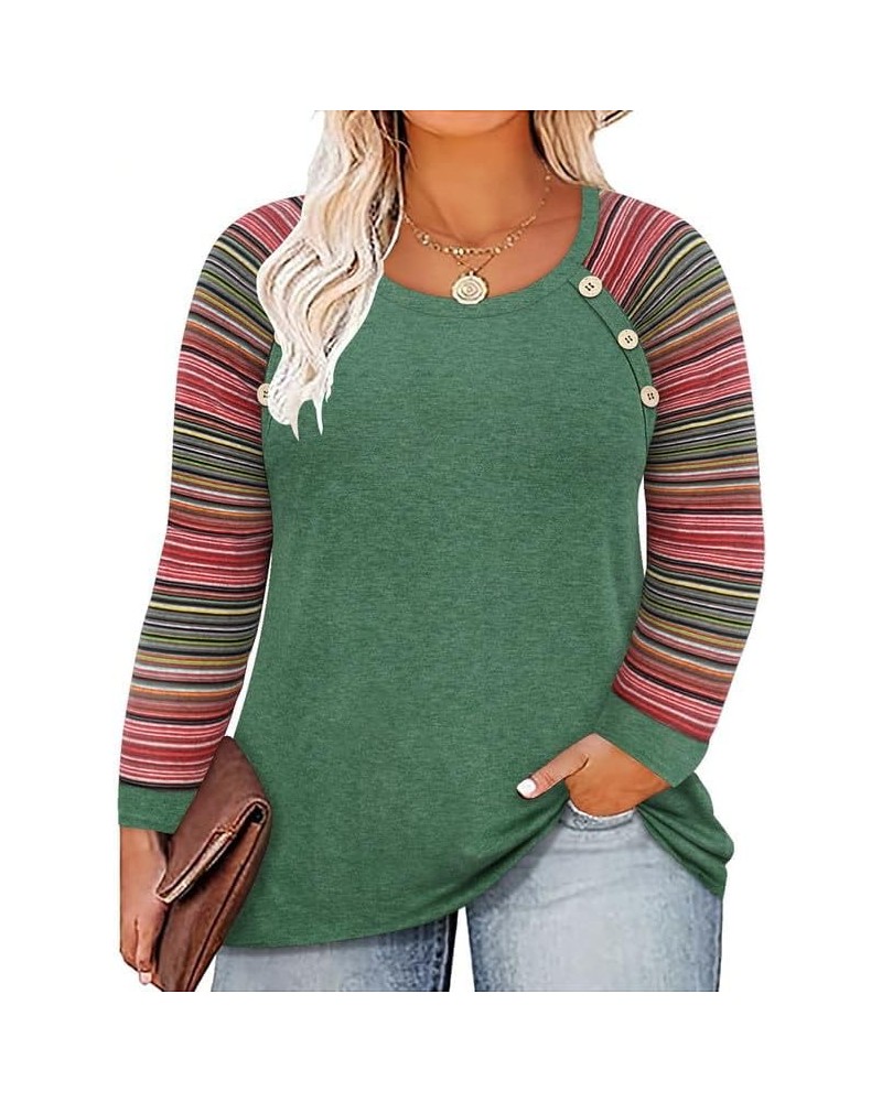 Plus Size Tops for Women Casual Long Sleeve Shirts Crew Neck Fall Tee Autumn Tunic Blouses XL-5X 3925-green Stripe $14.85 Tops