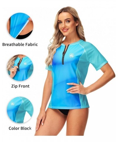 Women Zip Rash Guard UPF 50+ Gradient Short Sleeve Swim Top Surf Shirts Aqua $13.33 Swimsuits