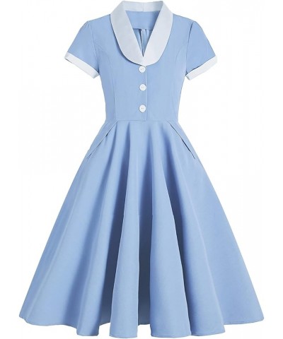 Women 1950s Vintage Shirt Dress 40s 50s Cape Collar A-line Swing Office Work Party Tea Dresses Blue + White $14.31 Dresses