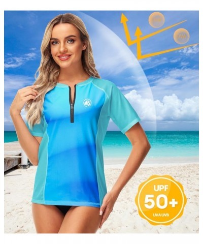 Women Zip Rash Guard UPF 50+ Gradient Short Sleeve Swim Top Surf Shirts Aqua $13.33 Swimsuits