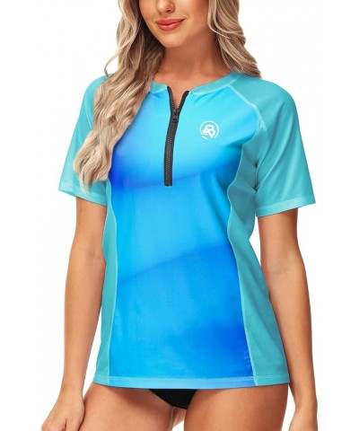 Women Zip Rash Guard UPF 50+ Gradient Short Sleeve Swim Top Surf Shirts Aqua $13.33 Swimsuits