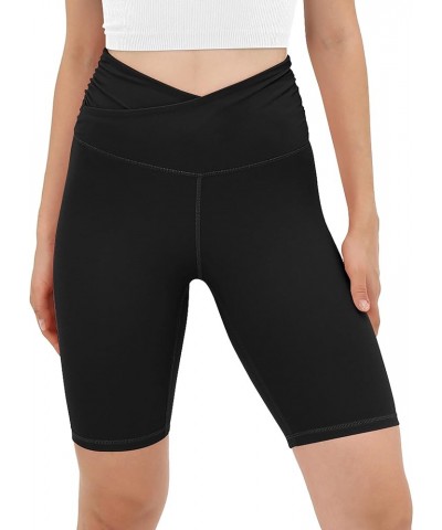 Gathered Cross Waist Yoga Shorts for Women, 5" Crossover Sports Athletic Workout Running Biker Shorts No Pocket Black-8"-gath...