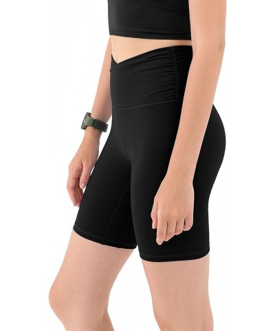 Gathered Cross Waist Yoga Shorts for Women, 5" Crossover Sports Athletic Workout Running Biker Shorts No Pocket Black-8"-gath...