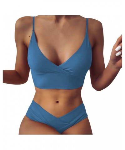 Women's Bikini Sets Two Piece Swimsuits High Waisted V Neck Twist Front Adjustable Spaghetti Straps Bathing Suit 01 Blue $6.4...