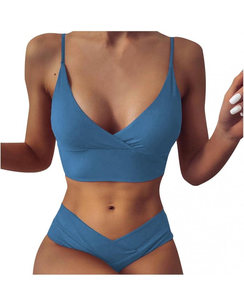 Women's Bikini Sets Two Piece Swimsuits High Waisted V Neck Twist Front Adjustable Spaghetti Straps Bathing Suit 01 Blue $6.4...