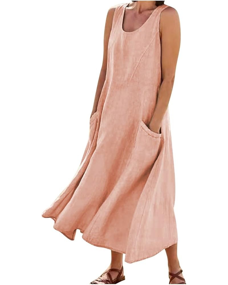 Linen Dress Women Casual Cocktail Dresses Summer Sleeveless Cotton Linen Pocket Dress Plus Size Sundresses 00-pink $9.25 Dresses