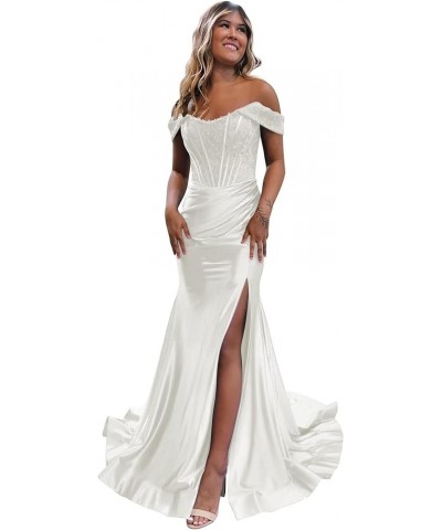 Off Shoulder Lace Appliques Satin Prom Mermaid Dresses for Women 2024 Long Split Formal Evening Gown CM263 Ivory $38.25 Dresses