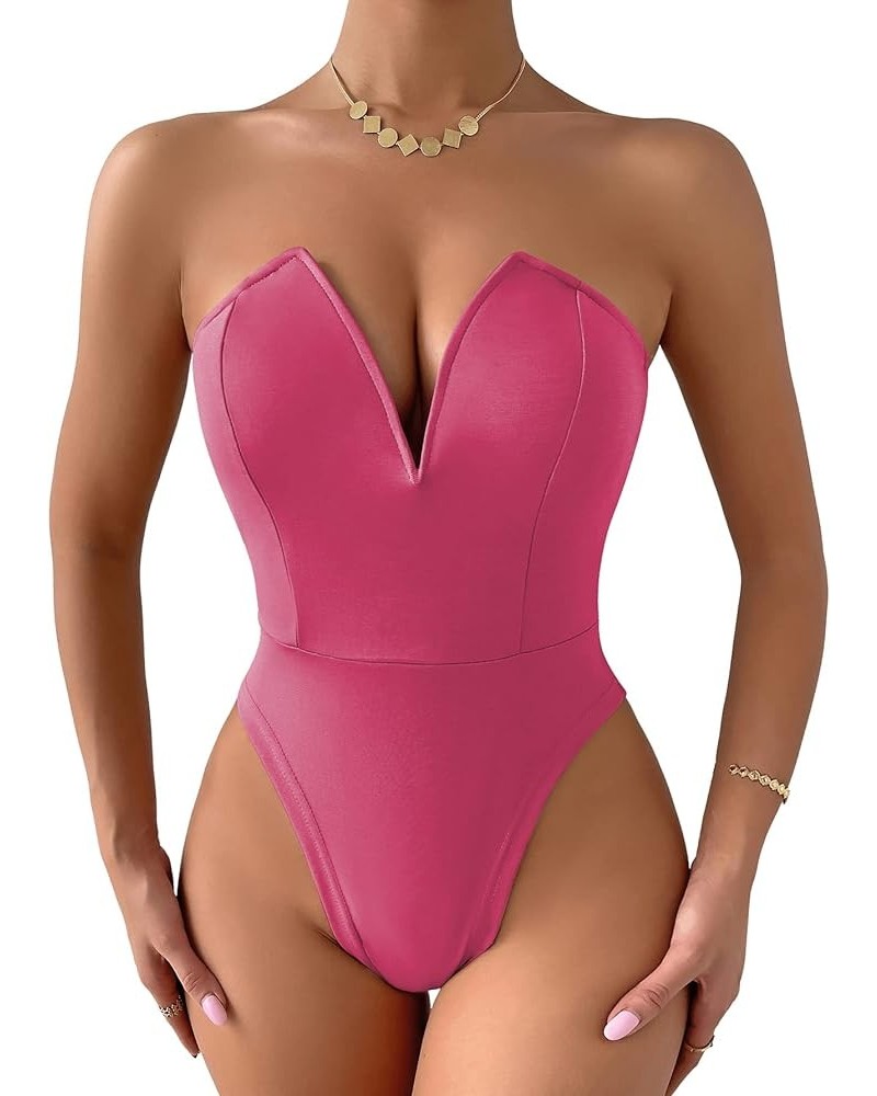 Women's Sexy V Neck Sleeveless Tube Top Bodysuit Leotard Clothing Hot Pink $17.48 Bodysuits