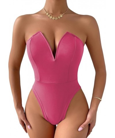 Women's Sexy V Neck Sleeveless Tube Top Bodysuit Leotard Clothing Hot Pink $17.48 Bodysuits