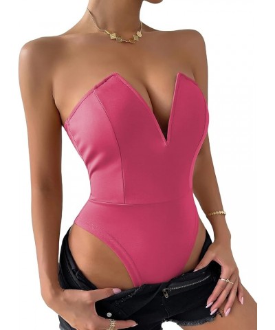 Women's Sexy V Neck Sleeveless Tube Top Bodysuit Leotard Clothing Hot Pink $17.48 Bodysuits