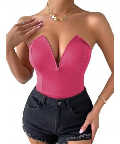 Women's Sexy V Neck Sleeveless Tube Top Bodysuit Leotard Clothing Hot Pink $17.48 Bodysuits