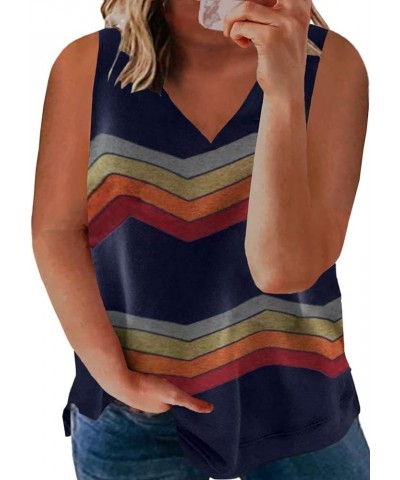 Womens Plus Size Tank Tops Sleeveless Striped V Neck Colorblock Summer Blouses Shirts(1X-5X) C Blue $11.75 Tops