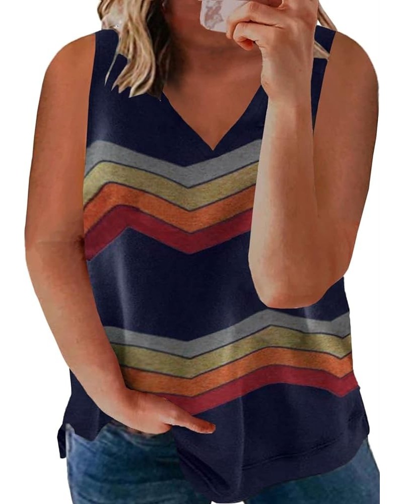 Womens Plus Size Tank Tops Sleeveless Striped V Neck Colorblock Summer Blouses Shirts(1X-5X) C Blue $11.75 Tops