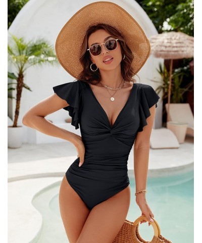 Womens Tummy Control Swimsuit V Neck One Piece Bathing Suits Slimming Lace-up Ruffle Swimwear Solid Color Black $18.69 Swimsuits