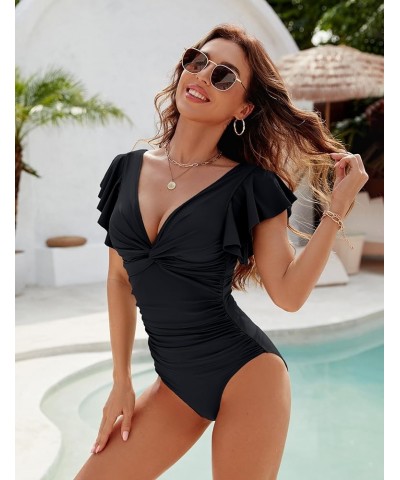 Womens Tummy Control Swimsuit V Neck One Piece Bathing Suits Slimming Lace-up Ruffle Swimwear Solid Color Black $18.69 Swimsuits