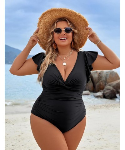 Womens Tummy Control Swimsuit V Neck One Piece Bathing Suits Slimming Lace-up Ruffle Swimwear Solid Color Black $18.69 Swimsuits