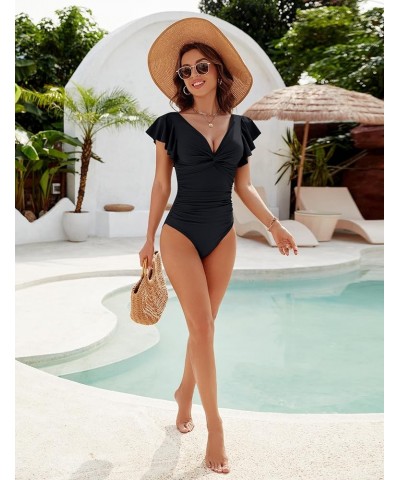 Womens Tummy Control Swimsuit V Neck One Piece Bathing Suits Slimming Lace-up Ruffle Swimwear Solid Color Black $18.69 Swimsuits