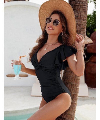 Womens Tummy Control Swimsuit V Neck One Piece Bathing Suits Slimming Lace-up Ruffle Swimwear Solid Color Black $18.69 Swimsuits