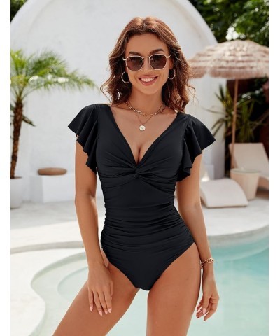 Womens Tummy Control Swimsuit V Neck One Piece Bathing Suits Slimming Lace-up Ruffle Swimwear Solid Color Black $18.69 Swimsuits